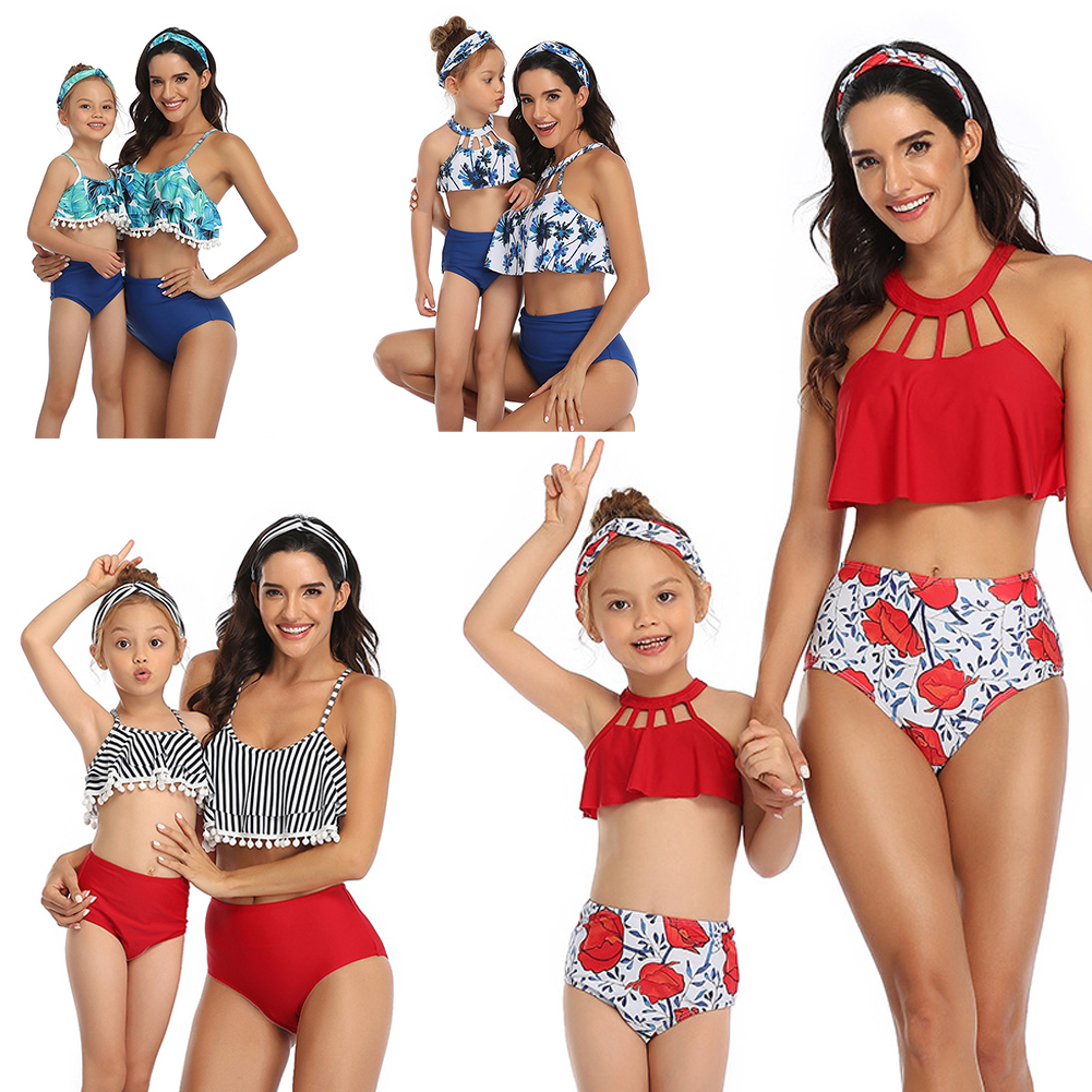 KYAIGUO Family Swimsuits Two Pieces Tank Set Parent-Child Print Ruffles Bikini Mommy and Me Bathing Suits for Toddler Kids Mom